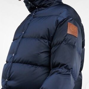 Tory Burch Woman’s Navy Blue Quilted Puffer Jacket with Brown Leather Logo Patch